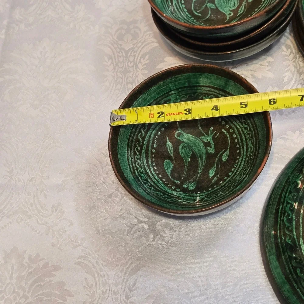 Vintage Tatamban Michoacan Mexico Pottery 8pc Set Green Bird Animal Plates Bowls